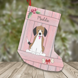 Cute Beagle Dog Girl Pink Wooden Monogram Small Christmas Stocking
