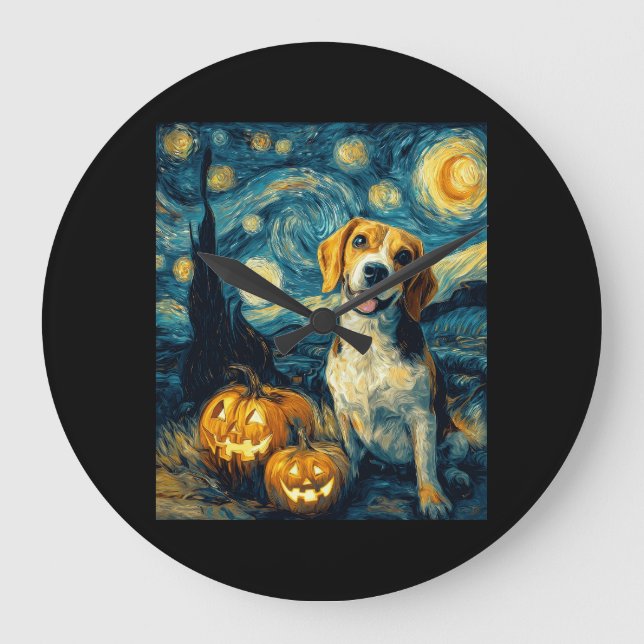 Cute beagle Dog Halloween Jack O Lantern Pumpkin F Large Clock (Front)