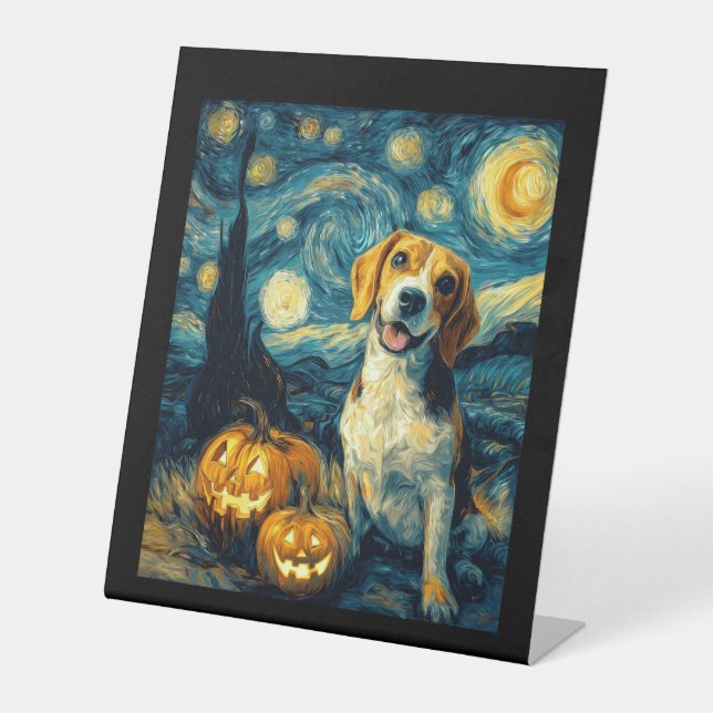 Cute beagle Dog Halloween Jack O Lantern Pumpkin F Pedestal Sign (Front)