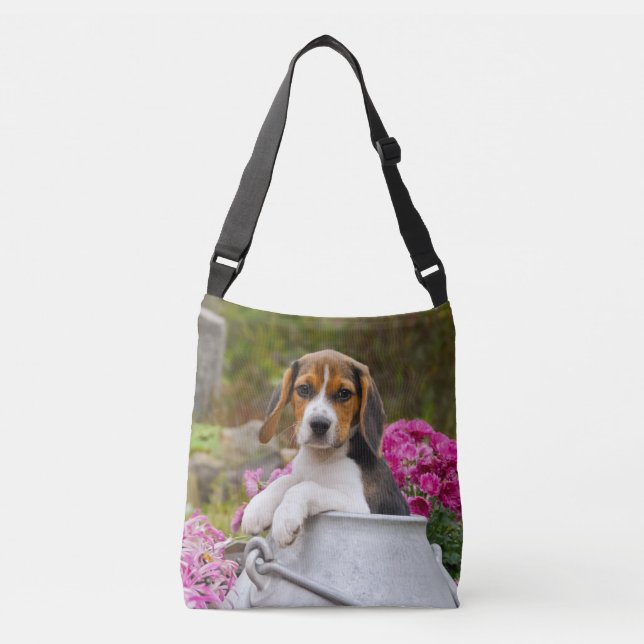 Cute Beagle Dog Puppy in a Milk Churn Photo on Crossbody Bag (Front)