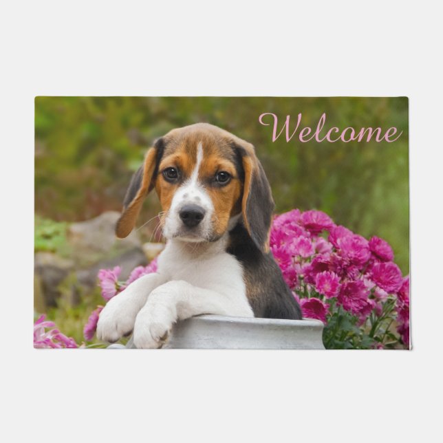 Cute Beagle Dog Puppy in Milk Churn  Entry Welcome Doormat (Front)