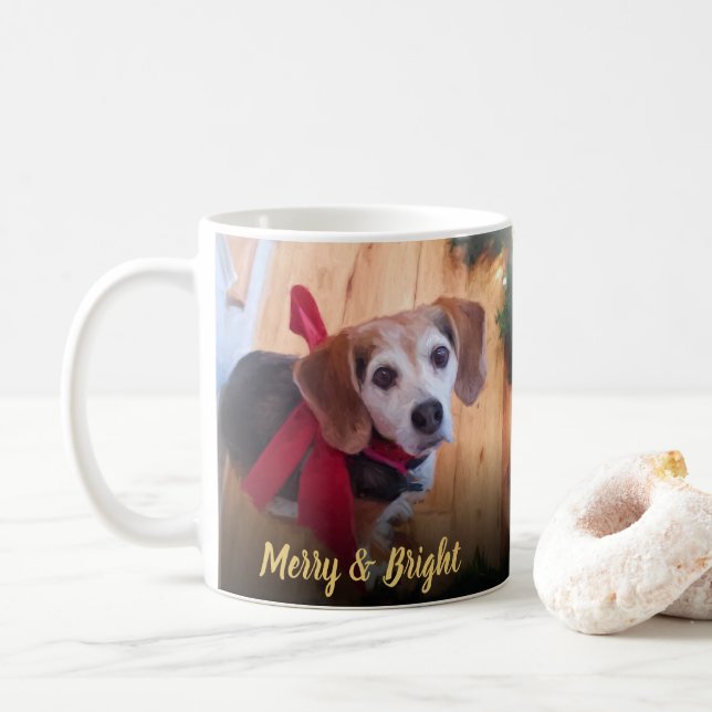 Cute Beagle Dog Red Bow Merry & Bright Christmas C Coffee Mug (With Donut)