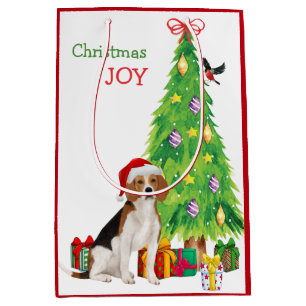 Cute Beagle Dog Santa Hat and Christmas Tree Medium Gift Bag