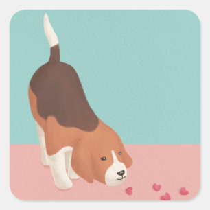 Cute Beagle & Hearts Illustration Square Sticker