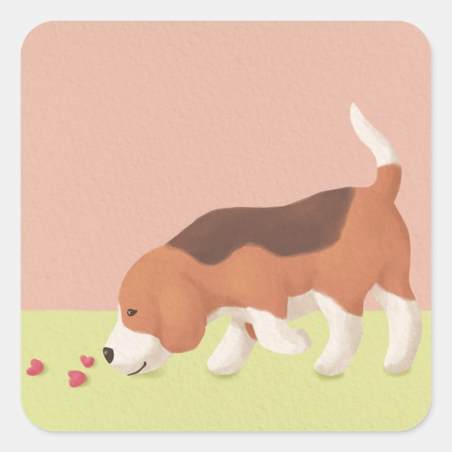 Cute Beagle & Hearts Illustration Square Sticker (Front)