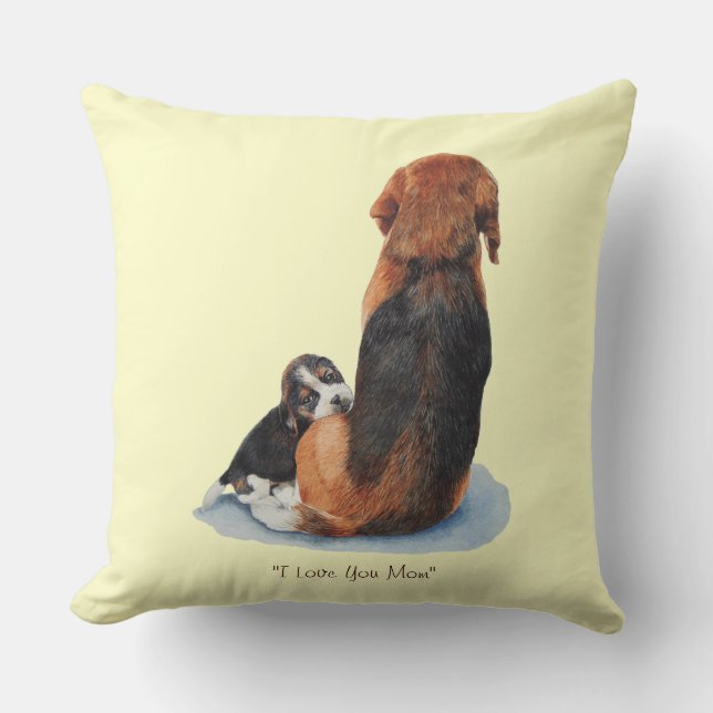 cute beagle puppy cuddling mom dog throw pillow (Front)
