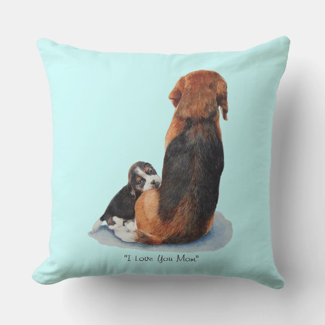 cute beagle puppy cuddling mom dog throw pillow (Front)