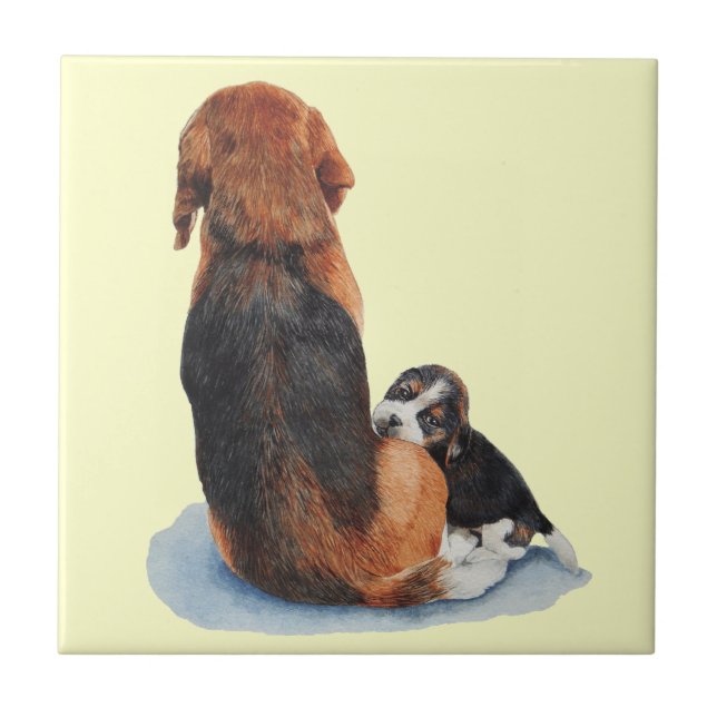 cute beagle puppy cuddling mom dog tile (Front)