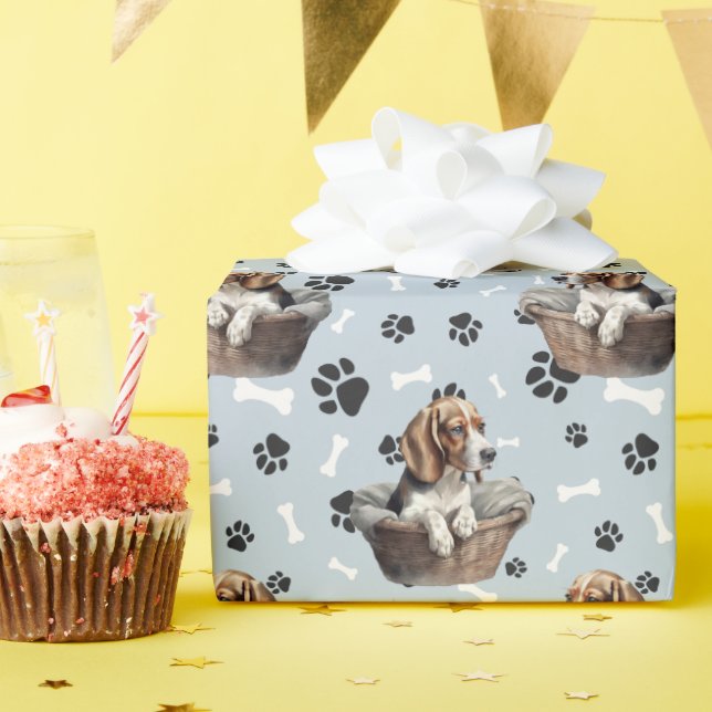 Cute Beagle Puppy in Basket Paw Print  Wrapping Paper (Birthday Party)