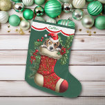 Cute Beagle Puppy Peeking Large Christmas Stocking<br><div class="desc">This Holiday stocking has an image of an adorable brown and white Beagle puppy peeking out of an ornate red stocking. The image is surrounded by holly, red berries, and poinsettia blooms, and is placed on a Christmas green background. A white scalloped edge design bordered in red holds your customized...</div>