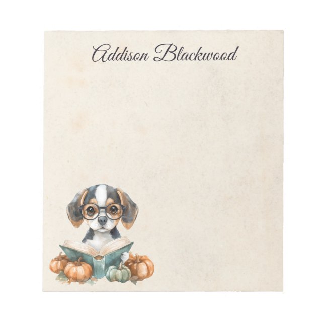 Cute Beagle Puppy Reading Book Fall Personalized Notepad (Front)