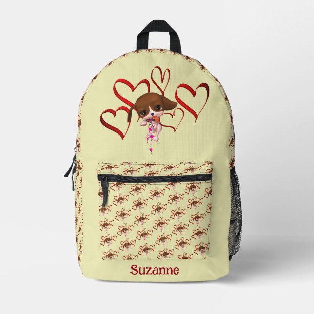 Cute Beagle Puppy Red Hearts Personalized Printed Backpack (Front)