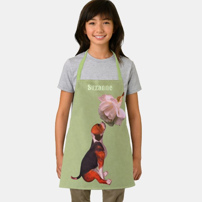 Cute Beagle Puppy White Rose Animal Personalized Apron (Insitu)