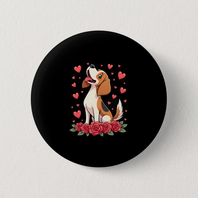 Cute Beagle with Red Roses Hearts Floral Valentine 2 Inch Round Button (Front)