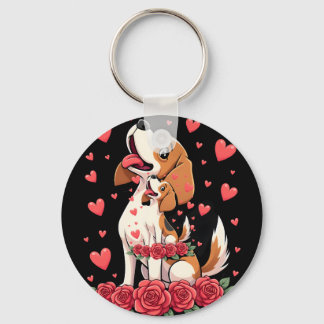 Cute Beagle with Red Roses Hearts Floral Valentine Keychain