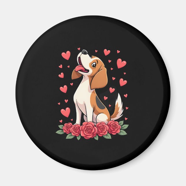 Cute Beagle with Red Roses Hearts Floral Valentine Magnet (Front)