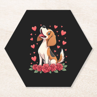 Cute Beagle with Red Roses Hearts Floral Valentine Paper Coaster