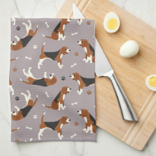 Cute Beagles Paws and Bones Grey Kitchen Towel
