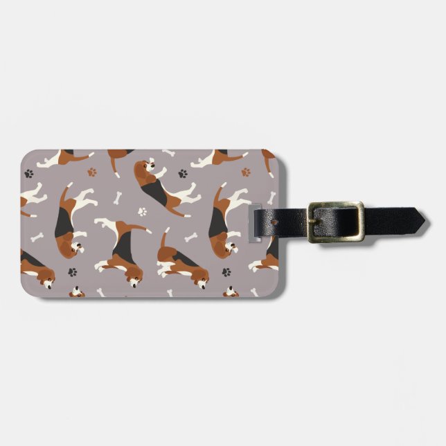 Cute Beagles Paws and Bones Grey Luggage Tag (Front Horizontal)