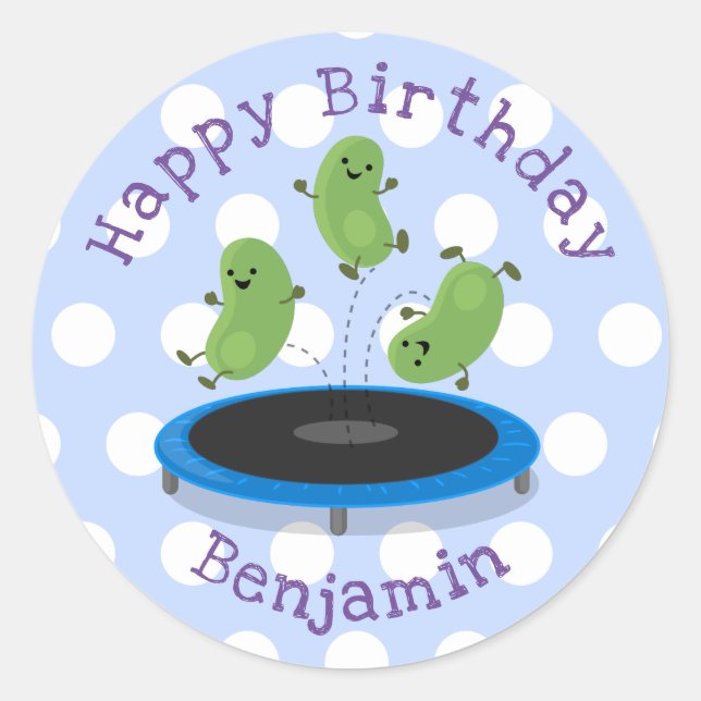 Cute beans jumping trampoline cartoon illustration classic round sticker (Front)