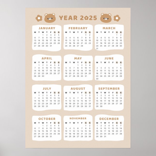 Cute Bear 2025 Calendar Poster (Front)