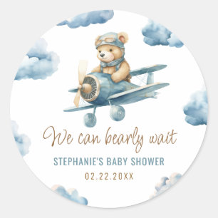 Cute Bear Airplane Blue Boy Baby Shower Classic Round Sticker