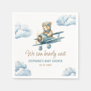 Cute Bear Airplane Blue Boy Baby Shower Napkin