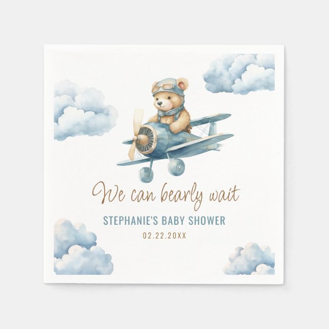 Cute Bear Airplane Blue Boy Baby Shower Napkin (Front)