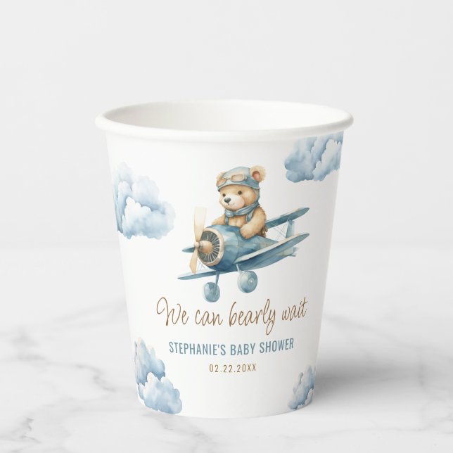 Cute Bear Airplane Blue Boy Baby Shower Paper Cups (Front)