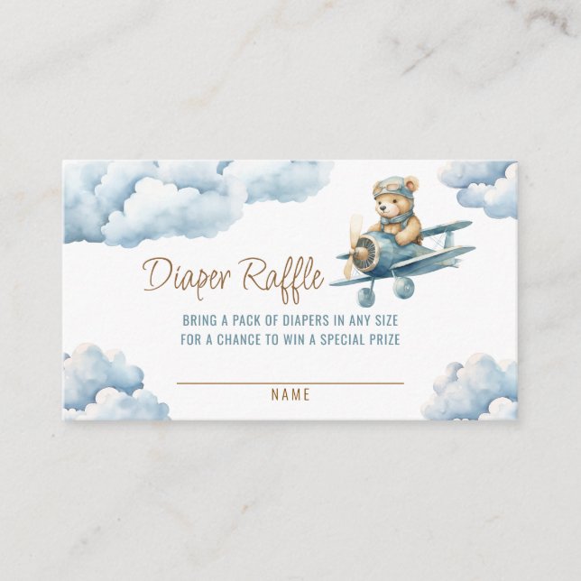 Cute Bear Airplane Blue Boy Diaper Raffle Enclosure Card (Front)