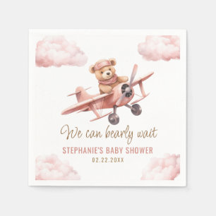 Cute Bear Airplane Pink Girl Baby Shower Napkin