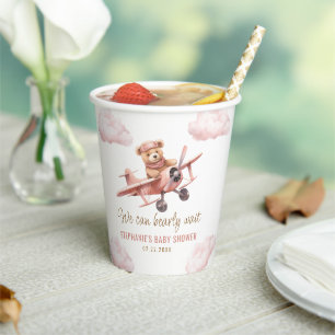 Cute Bear Airplane Pink Girl Baby Shower Paper Cups