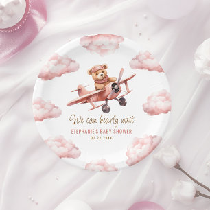 Cute Bear Airplane Pink Girl Baby Shower Paper Plate