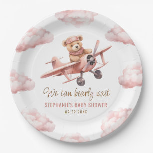 Cute Bear Airplane Pink Girl Baby Shower Paper Plate