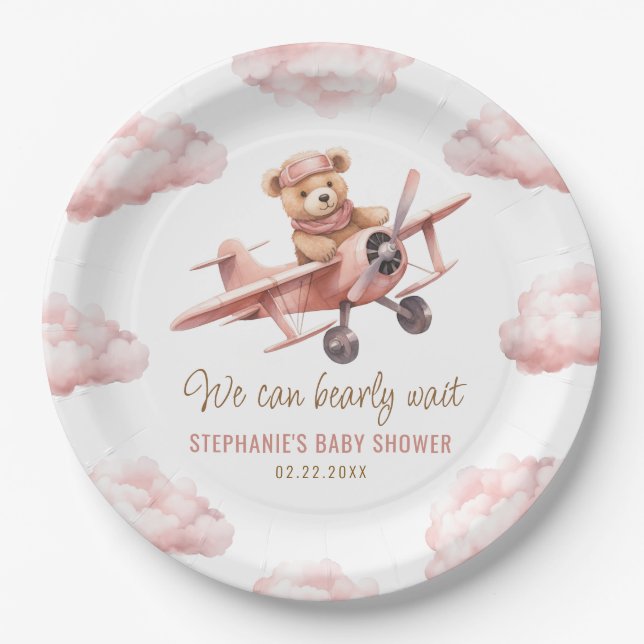 Cute Bear Airplane Pink Girl Baby Shower Paper Plate (Front)