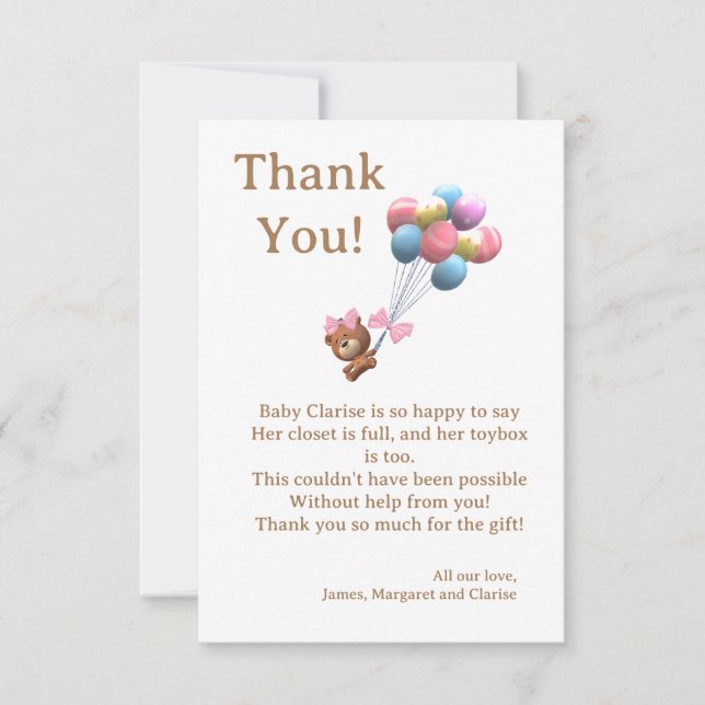 Cute Bear and Balloons Theme Flat Thank You Card (Front)