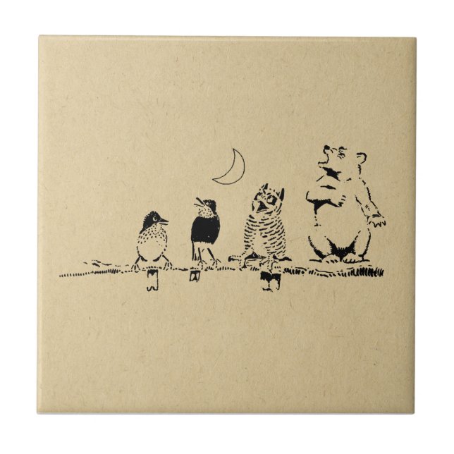 Cute Bear and Birds Singing to the Moon Art Tile (Front)