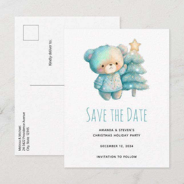 Cute Bear and Christmas Tree Announcement Postcard (Front/Back)