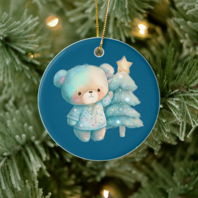 Cute Bear and Christmas Tree Holiday Ceramic Ornament (Tree)