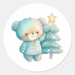 Cute Bear and Christmas Tree Holiday Classic Round Sticker