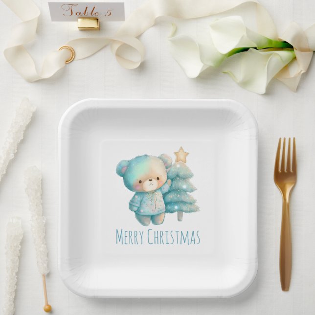 Cute Bear and Christmas Tree Holiday Paper Plate (Wedding)