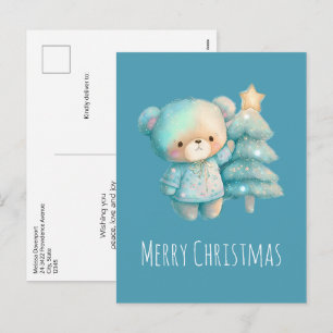 Cute Bear and Christmas Tree Holiday Postcard