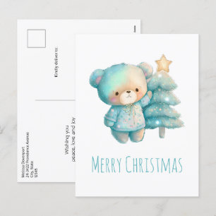 Cute Bear and Christmas Tree Holiday Postcard
