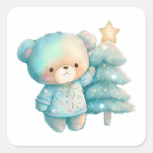 Cute Bear and Christmas Tree Holiday Square Sticker
