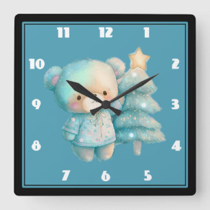 Cute Bear and Christmas Tree Holiday Square Wall Clock