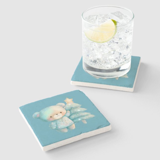 Cute Bear and Christmas Tree Holiday Stone Coaster (Side)