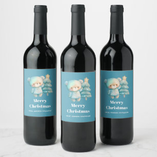 Cute Bear and Christmas Tree Holiday Teal Wine Label