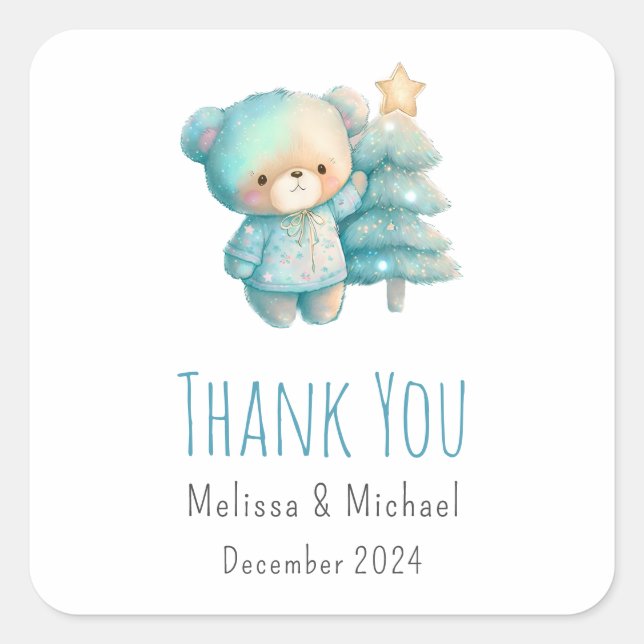 Cute Bear and Christmas Tree Holiday Thank You Square Sticker (Front)