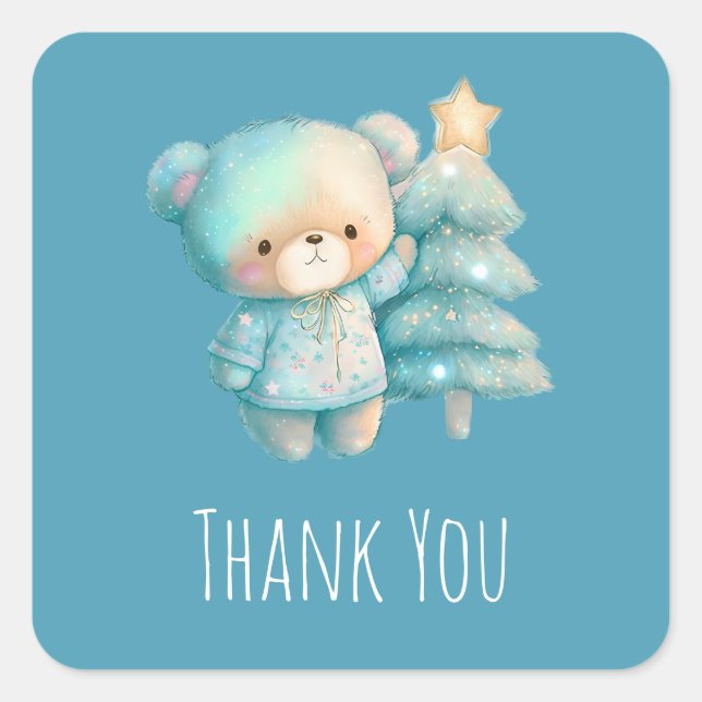 Cute Bear and Christmas Tree Holiday Thank You Square Sticker (Front)