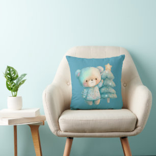 Cute Bear and Christmas Tree Holiday Throw Pillow